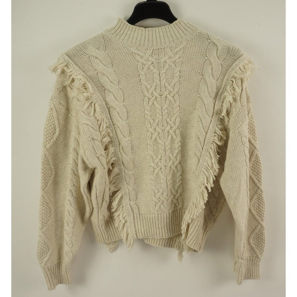 New Leith Women's Medium Oatmeal Beige Fringe Cable Knit Turtleneck Sweater